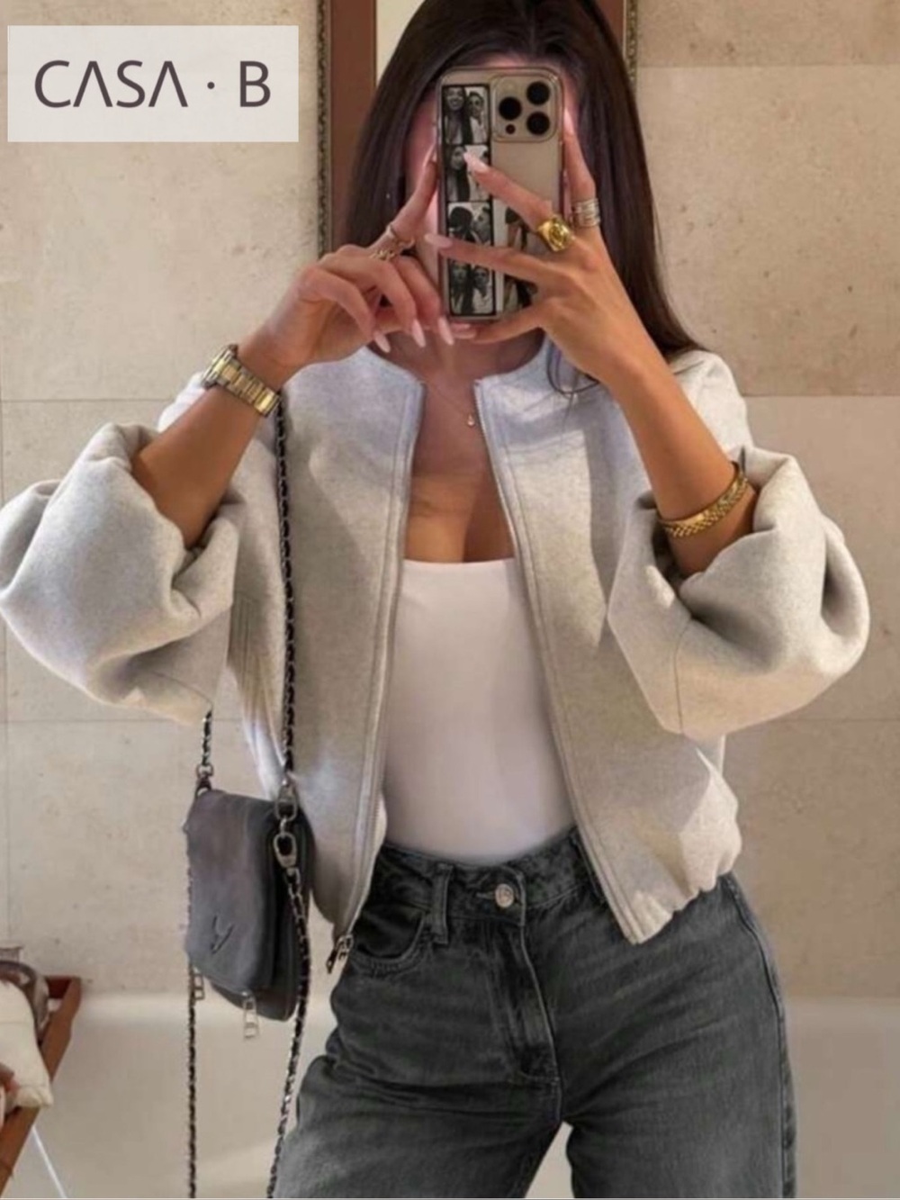 NEW💫 CASA B | Monaco Cloud Bomber| Light Gray Balloon-Sleeve Bomber Jacket